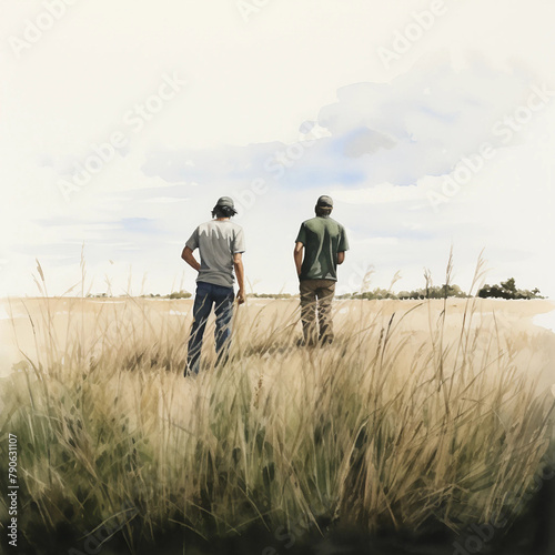 Watercolor Painting of Two Brothers Standing in a Field Together While Looking at the Horizon