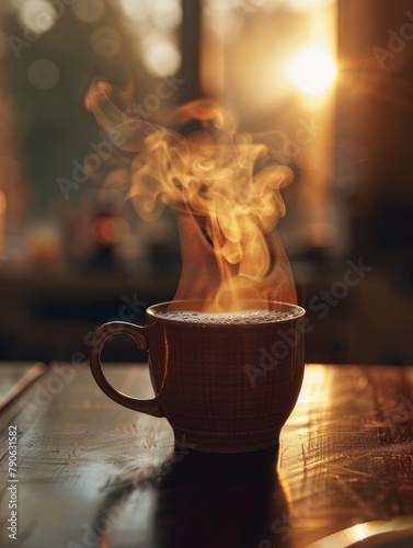 A close-up shot of steam rising from a hot transparent cup of coffee, morning light casting a warm glow