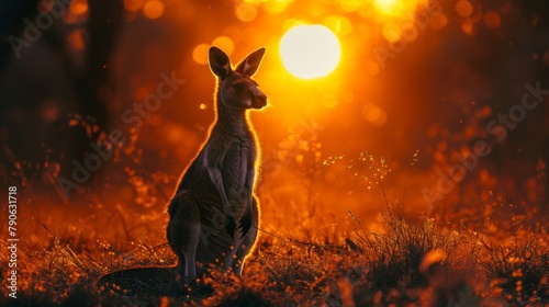 Majestic kangaroo silhouette against a golden sunset in a serene forest setting © Vilayat