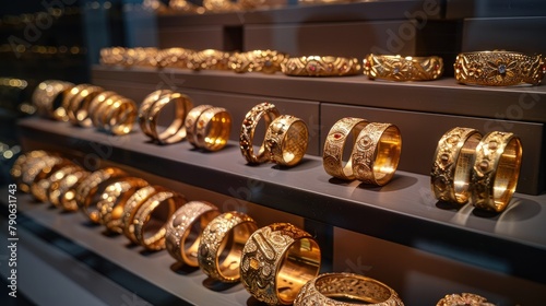 A large display of Chinese style gold bracelets, all with varying designs and sizes, The dark background highlights the golden hues of each bracelets, sleek. Generative AI.