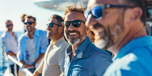 A group of friends in suits having fun on a yacht. Luxury lifestyle concept. photo