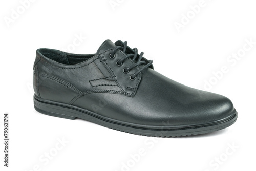 Men's leather shoe with laces insulated on a white background.