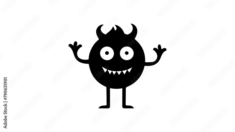 black and white shape of a cute monster with hands raised up in vector