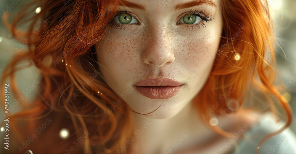 A woman whose beauty is beyond compare, with flaming locks of auburn hair. With ivory skin and eyes of emerald green. Her smile is like a breath of spring. Generative AI. A woman whose beauty is beyond compare, with flaming locks of auburn hair. With ivory skin and eyes of emerald green. Her smile is like a breath of spring. Generative AI.
