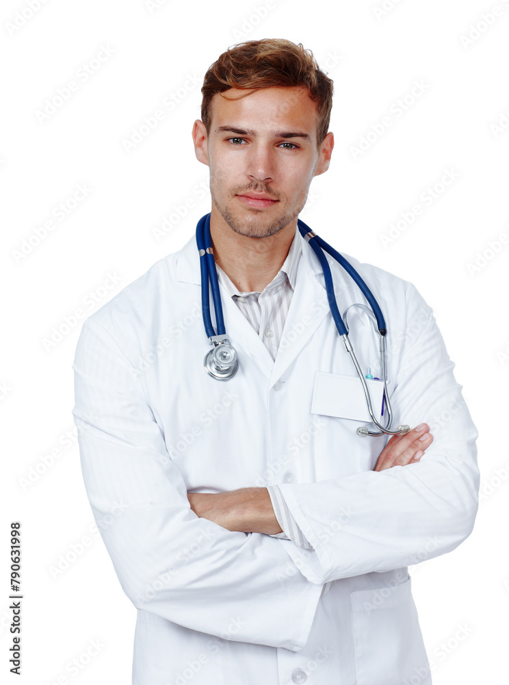 Man, doctor and confident in studio for health care on white background, serious and satisfied with career. Medical professional, portrait and committed on job, growth and support as specialist Man, doctor and confident in studio for health care on white background, serious and satisfied with career. Medical professional, portrait and committed on job, growth and support as specialist