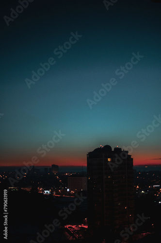 Sunrise over modern office buildings in business district center of Odesa.