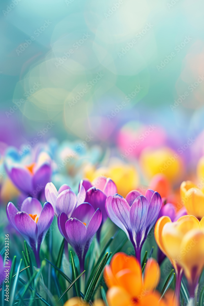 Colorful crocuses in full bloom. Spring flowers in the garden. Bokeh background. Colorful crocuses in full bloom. Spring flowers in the garden. Bokeh background.