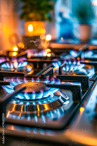 Stove with four burners is lit up producing blue flames.