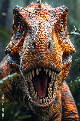 Close up of dinosaur with yellow eyes and big teeth.