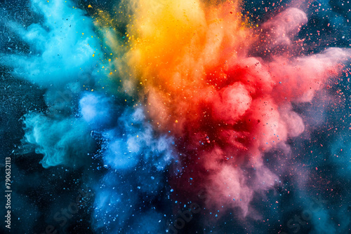 Colorful smoke or powder display in blue yellow and pink hues.