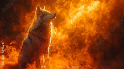Majestic wolf silhouette against a fiery orange background  evoking themes of wilderness and survival