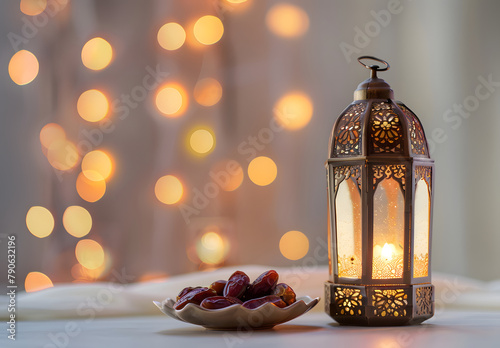 Arabic lantern with dates and candle on bokeh lights background, eid-ul-adha muslim celebration
