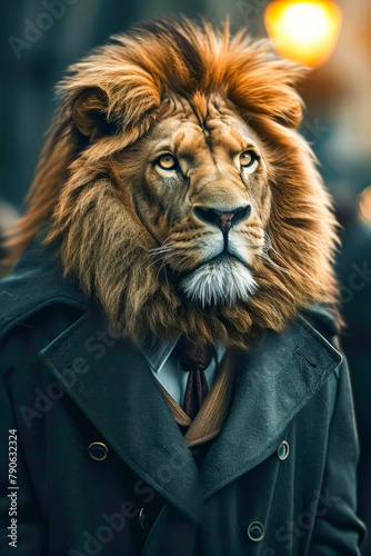 Lion wearing suit and tie.
