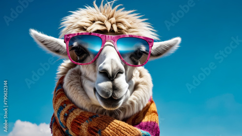 Llama with sunglasses on and scarf around its neck.