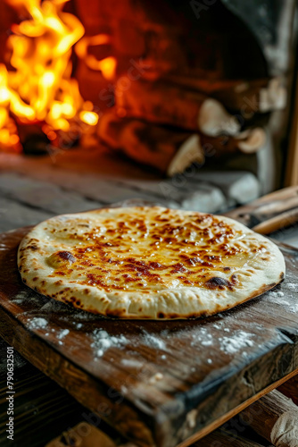Piece of dough topped with cheese and possibly other ingredients sits on cutting board in front of fireplace.