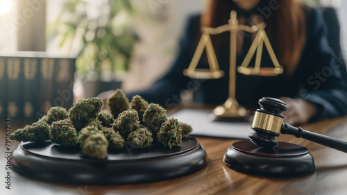 Cannabis buds on a desk in a legal setting with scales and gavel. photo