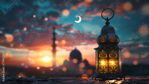 Eid mubarak greetings with islamic lantern, moon and mosque wallpaper background