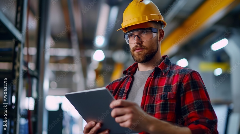 Hombre joven, ingeniero, con casco de trabajo y con tablet en la mano Hombre joven, ingeniero, con casco de trabajo y con tablet en la mano
