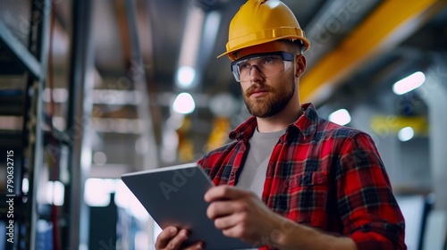 Hombre joven, ingeniero, con casco de trabajo y con tablet en la mano photo