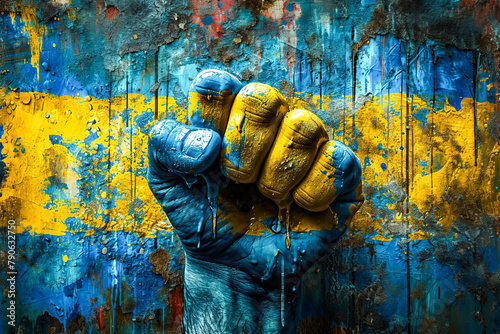 Image of clenched fist against blue and yellow background resembling the Swedish flag. photo