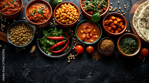 Assorted indian food on black background., Indian cuisine, Top view with copy space, hyperrealistic food photography