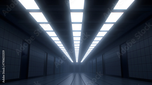 A futuristic corridor illuminated by sleek and evenly spaced LED panel lights, creating a stark and dramatic effect within a modern, minimalistic architectural space.