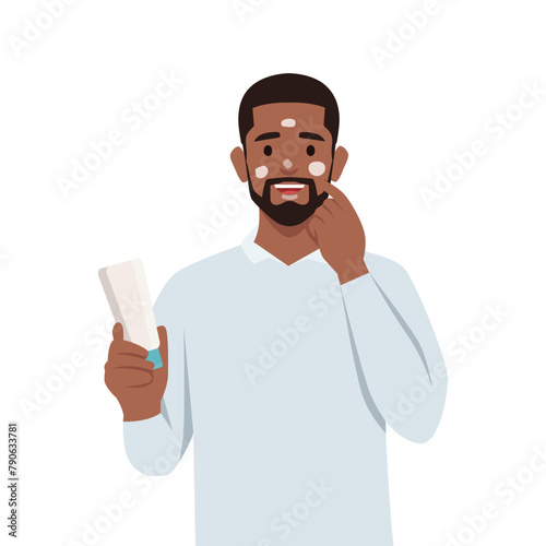 Young black man Skincare routine concept. Man applying face cream. Flat vector illustration isolated on white background