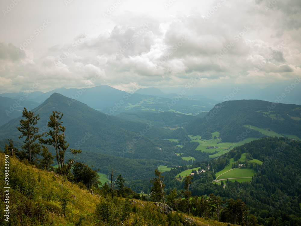 View from the top of the Gaisberg mountain to the valley, surrounding mountains and the city of Salzburg.