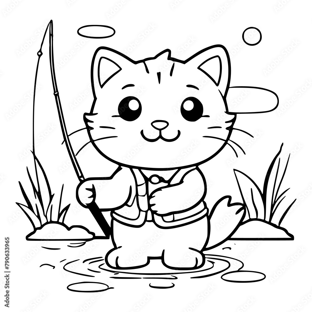 Cute Cat Fishing with a Stick outline doodle cartoon illustration. Bold ...