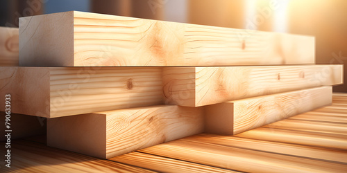 building development tacked pile of long wooden boards for construction, lumber sustainable material background photo