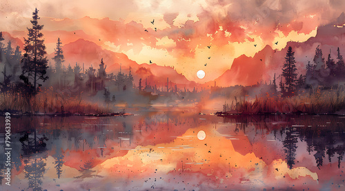 Morning Mirage  Watercolor Serene Lake Scene with Hovering Butterflies and Pink Dawn Sky