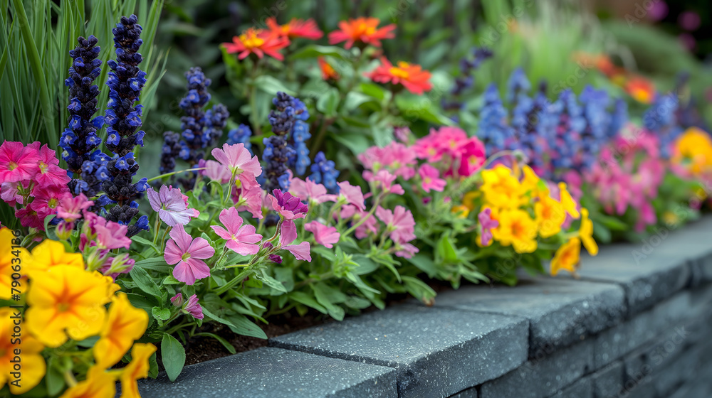 Lush flower bed filled with a vibrant mix of colorful petunias and fragrant lavender, creating a lively and aromatic garden display on a structured stone wall.