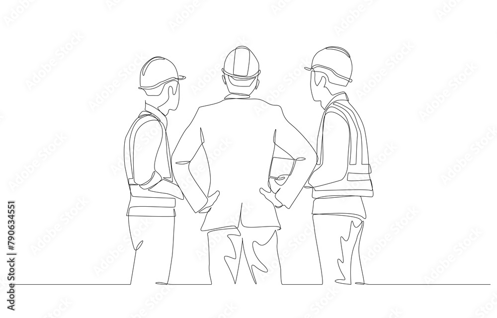 Continuous one line drawing of construction project manager talking with two construction foremen, construction project progress concept, single line art.