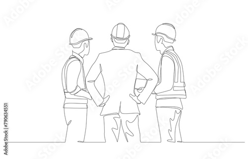 Continuous one line drawing of construction project manager talking with two construction foremen  construction project progress concept  single line art.