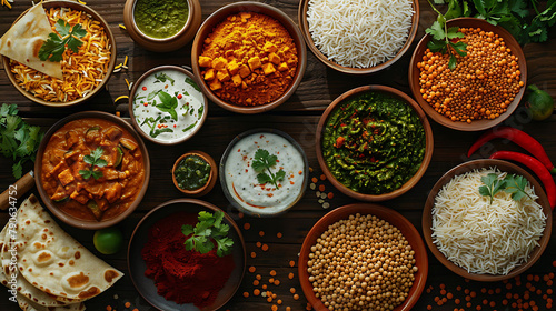 Assorted indian food set on wooden background, Dishes and appetisers of indeed cuisine, rice, lentils, paneer, samosa, spices, masala, Bowls and plates with indian food top view
