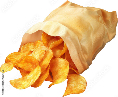 A crisp  full bag of potato chips set against a pristine transparent background  inviting a snack break.