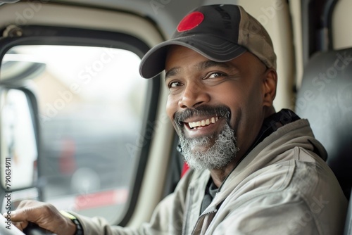 Happy Black Professional Driver Exiting Truck and Looking at Camera - Generative AI.. Beautiful simple AI generated image in 4K, unique. © ArtSpree