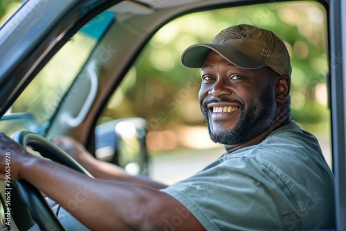 Smiling Middle-Aged Caucasian Trucker Posing by His Truck in the USA.. Beautiful simple AI generated image in 4K, unique.