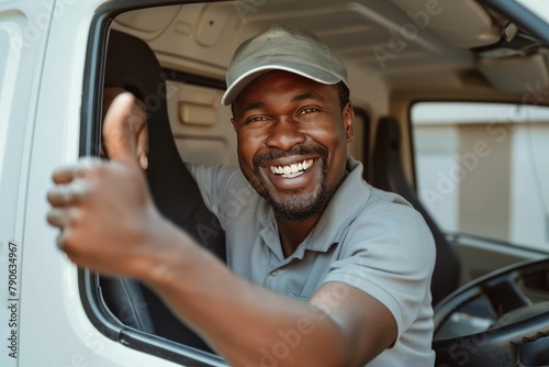 Happy Black Professional Driver Exiting Truck and Looking at Camera - Generative AI.. Beautiful simple AI generated image in 4K, unique. © ArtSpree