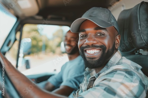 Smiling Middle-Aged Caucasian Trucker Posing by His Truck in the USA.. Beautiful simple AI generated image in 4K, unique.