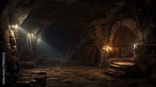 A hidden chamber beneath the castle where ancient stone walls and a light at the end Ancient History background