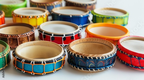 A set of colorful tambourines adds a playful touch against a white backdrop, promising to add a lively rhythm to any musical ensemble.