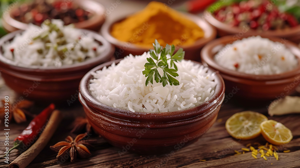 Assorted Indian recipes food various with spices and rice on wooden table, hyperrealistic food photography