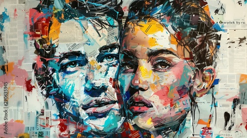 Young couple in colorful newspaper scraps style