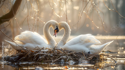 A pair of graceful swans nesting by the edge of a pond