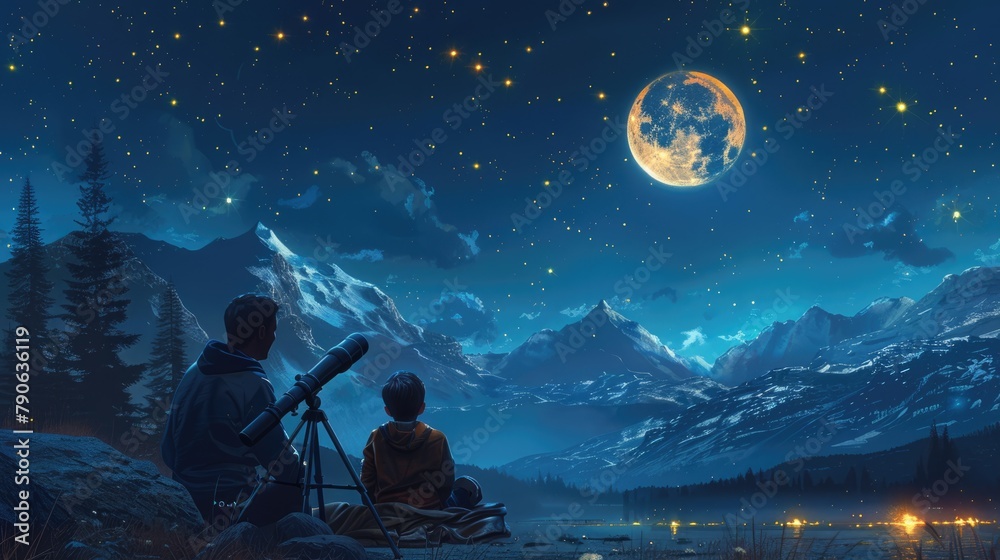Fototapeta premium A father and son lying on a blanket at night in a remote area, looking up at a star-filled sky with a telescope by their side.
