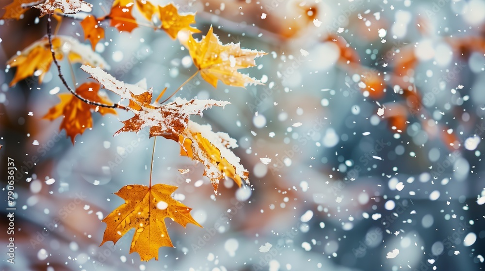 A snow covered tree branch with a few leaves still on it A snow covered tree branch with a few leaves still on it
