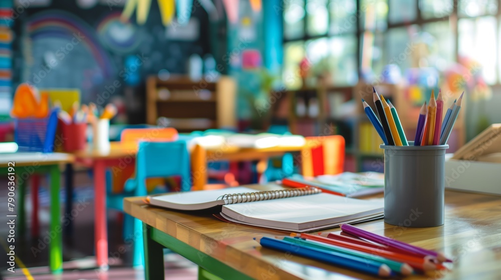 A colorful classroom with a desk with a notebook and a pencil holder A colorful classroom with a desk with a notebook and a pencil holder