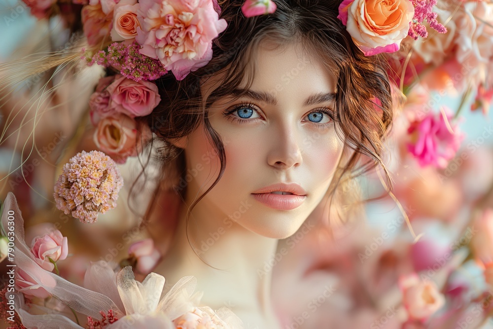 Φωτογραφία portrait of a beautiful young girl bride with floral wreath of pink flowers on h