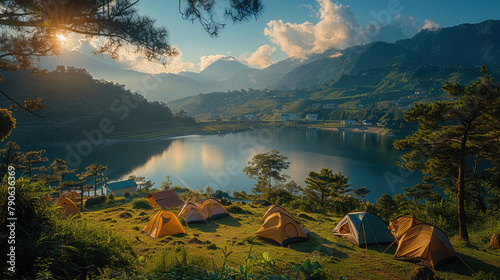 Hillside Camping Site Overlooking Lake at Sunrise 